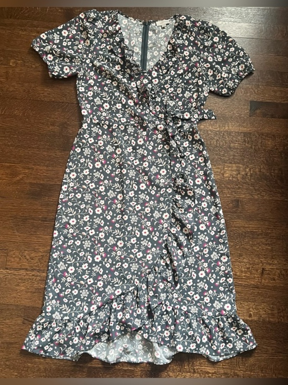 Loft size 10 faux wrap ruffle accent gray with floral print dress